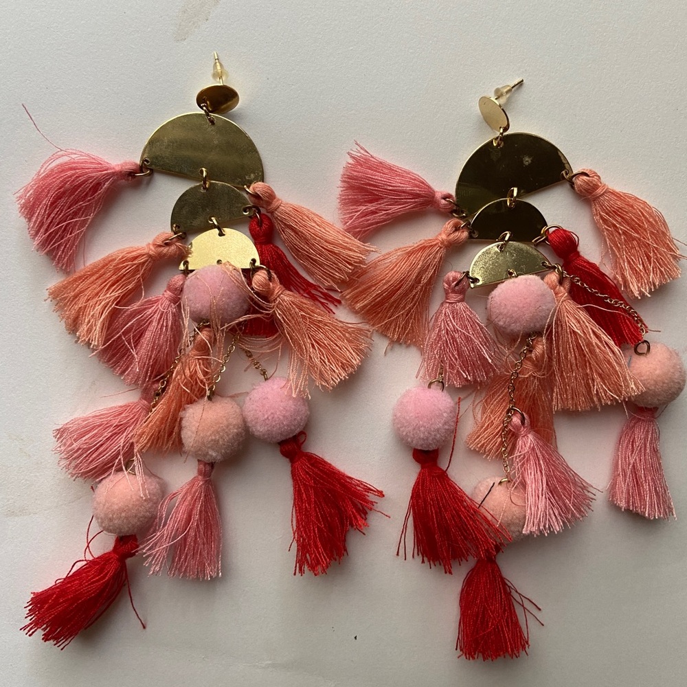 Pink and Red Fringe Dangle Earrings